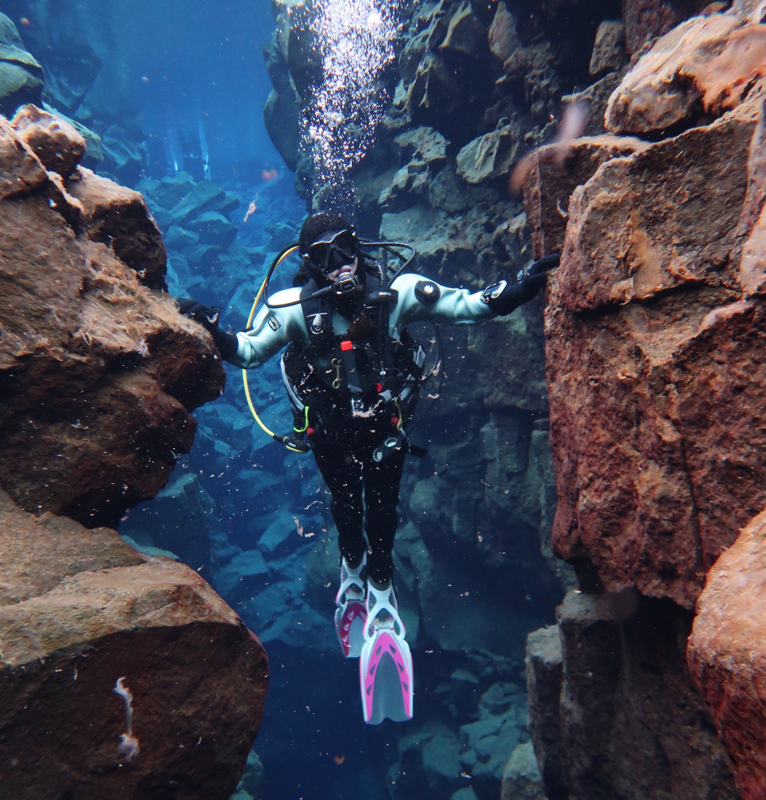 Maria scuba diving in the Silfra fissure, Iceland